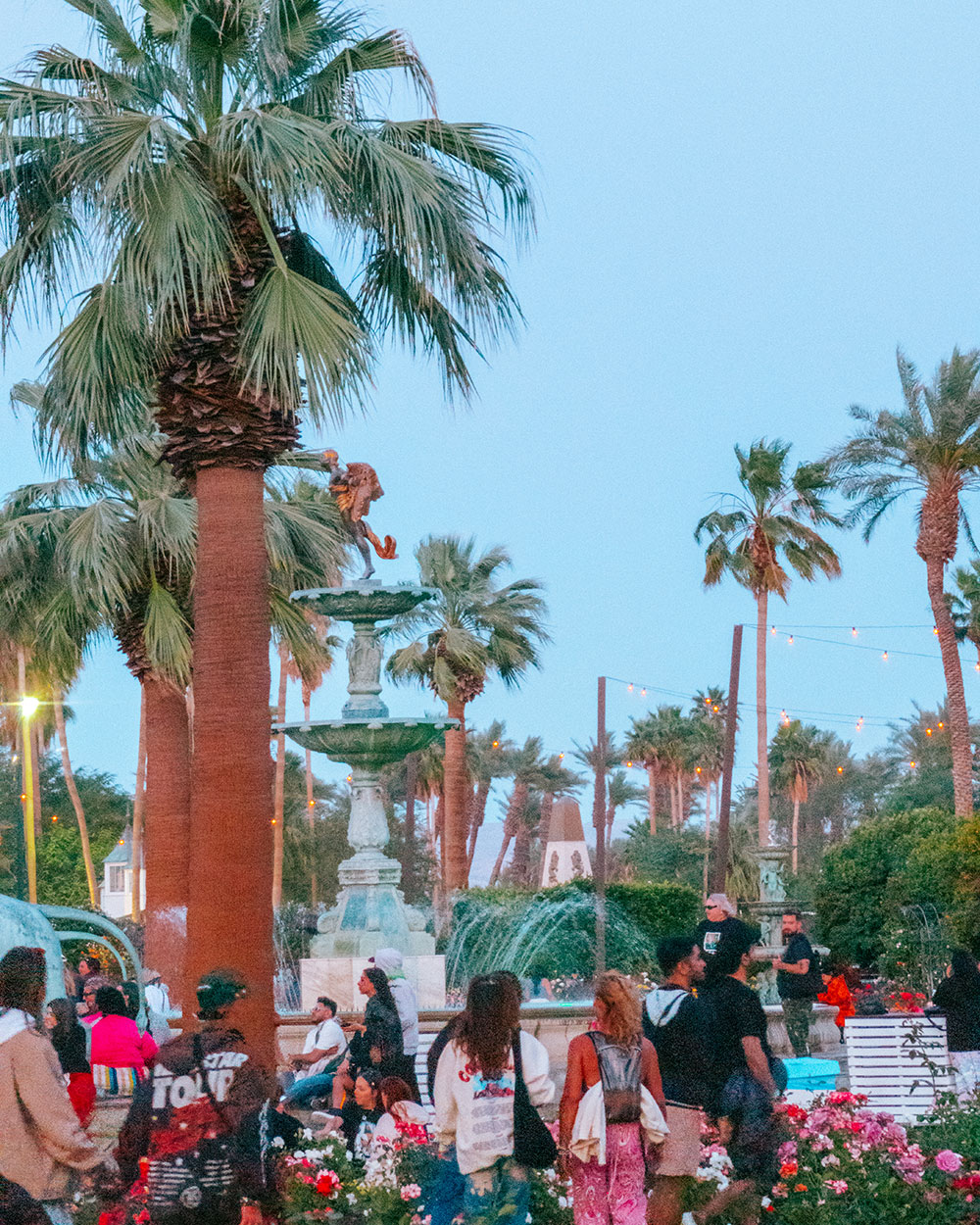Festivalgoess walking in front of palm trees